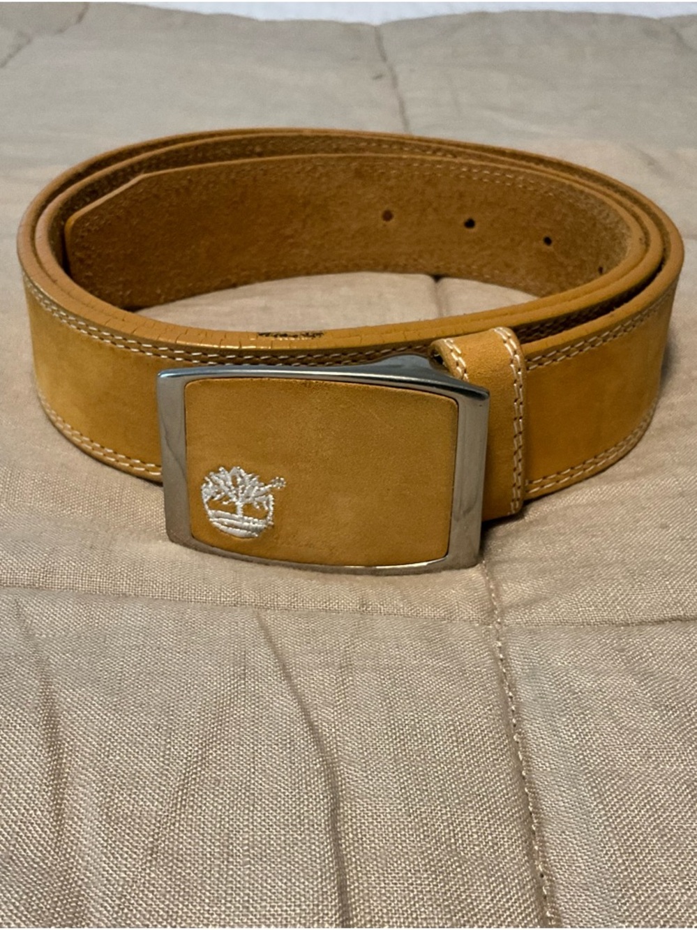 Timberland Men's Tan/Mustard Italian Leather Belt with Logo Buckle